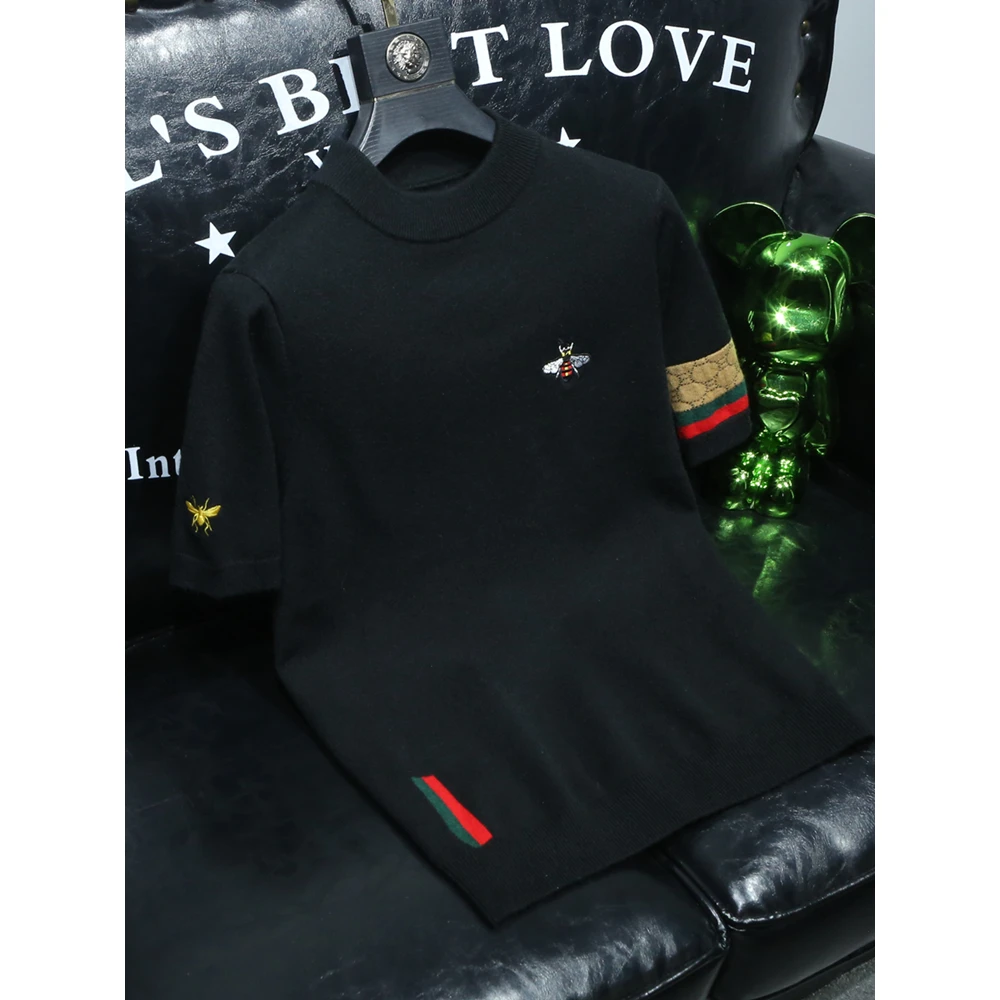 欧货潮牌秋冬保暖短袖毛衣男士小蜜蜂刺绣半高领修身打底羊毛衫男