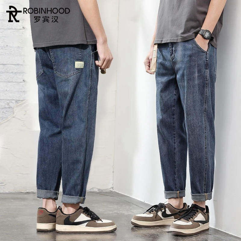 罗宾汉弹力潮流牛仔裤男士宽松直筒夏季薄款锥形九分裤子休闲男装