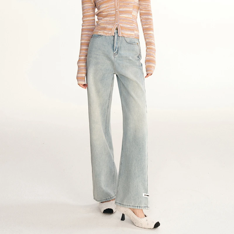 ICYNUDE浅蓝水洗牛仔裤加绒高腰显瘦直筒阔腿裤女