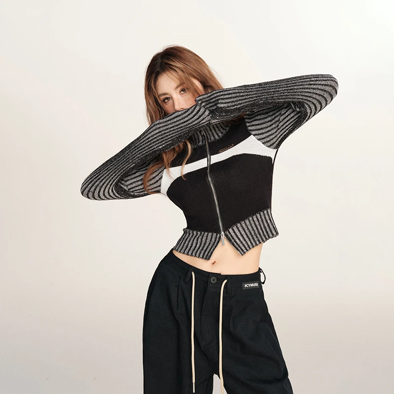 ICYNUDE官方店黑白拼色拉链针织上衣假两件修身毛衣开衫女秋冬