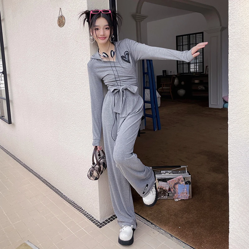 ISTYNI灰色系带休闲套装女秋季卫衣长裤气质百搭两件套