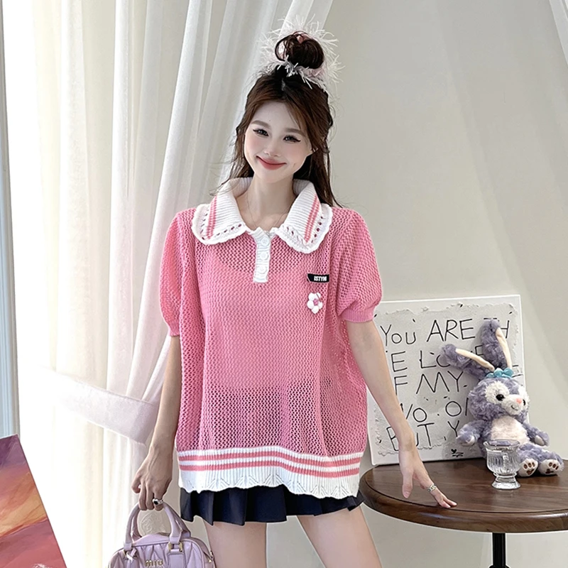 ISTYNI/卿苔Polo领玫粉拼色针织衫甜美宽松上衣女秋季（不含配饰）