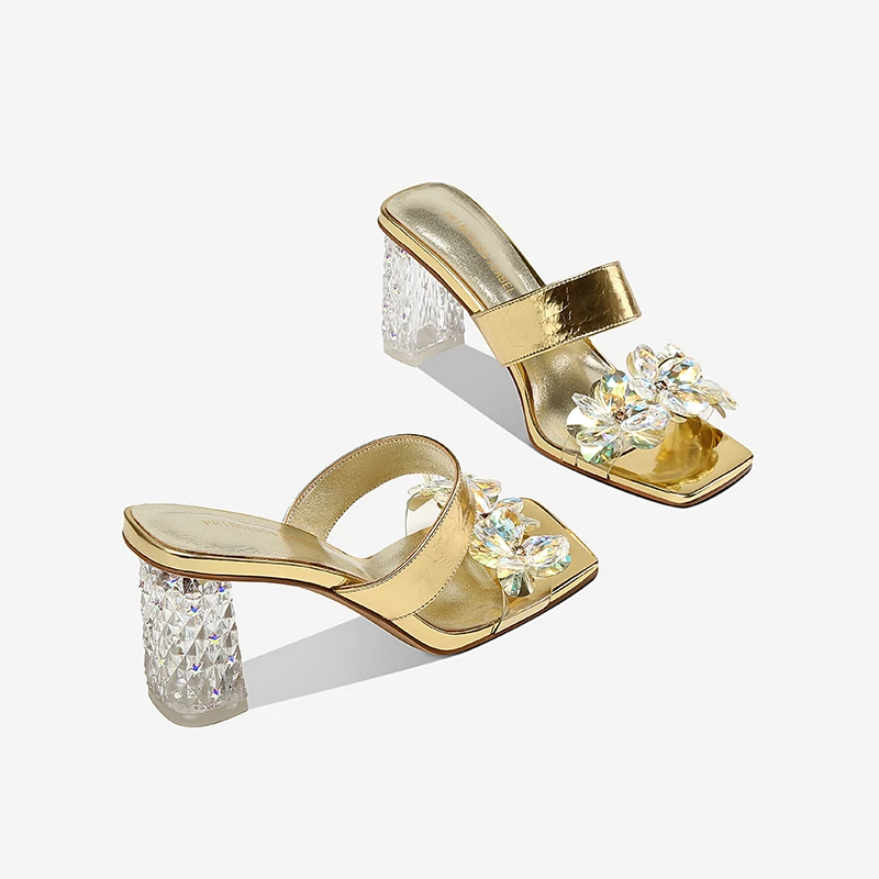 水晶粗跟拖鞋女夏季外穿2023新款方头高跟花朵百搭仙女透明一字拖