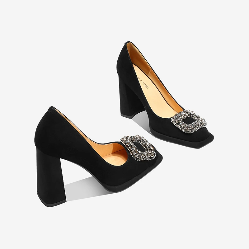 气质粗跟黑色百搭方扣浅口高跟鞋2025春季时尚玛丽珍方头真皮单鞋