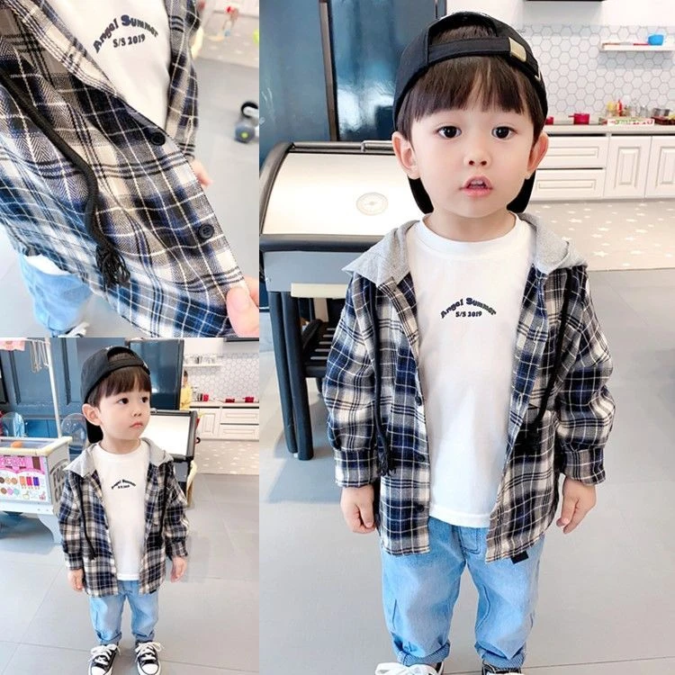 儿童衬衫春秋新款连帽衫中小童韩版格子衫衣男孩洋气衬衣男童外套
