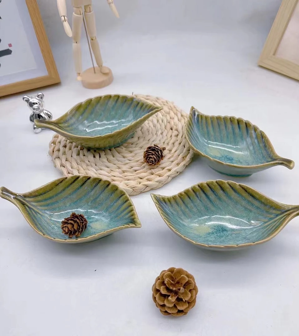 窑变水晶绿6寸叶子蘸料碟小碟子收纳碟干果零食碗异形碗家用餐具