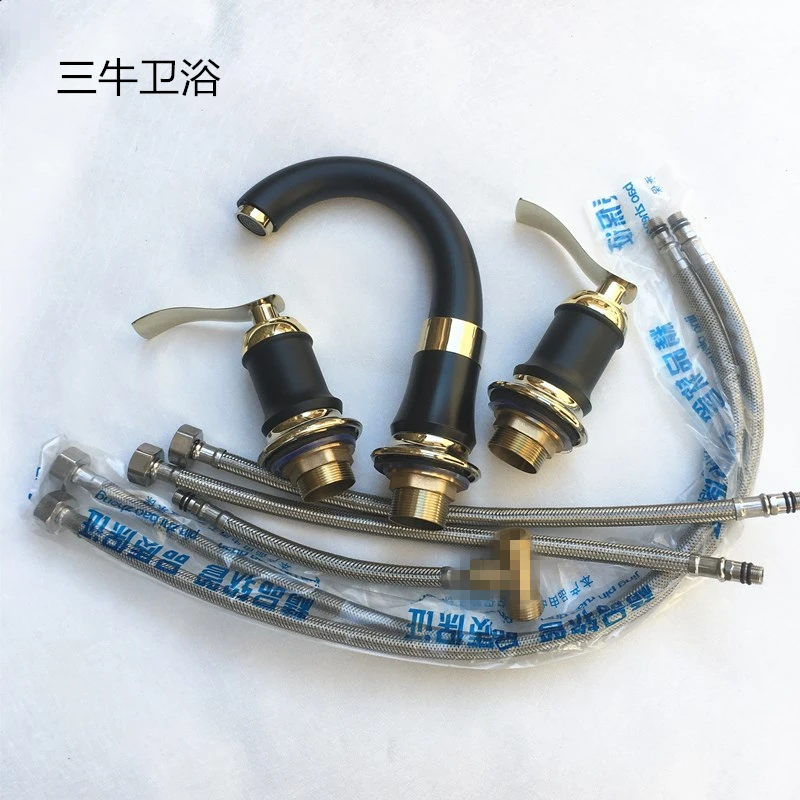 欧式黑色三孔面盆水龙头冷热分体式双把四件套卫生间洗脸盆龙头