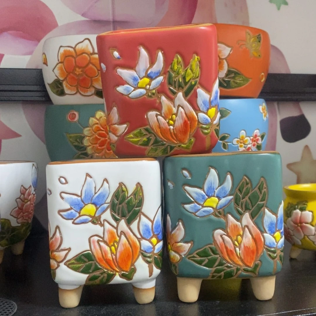 红陶20CM以下韩式手绘多肉花盆