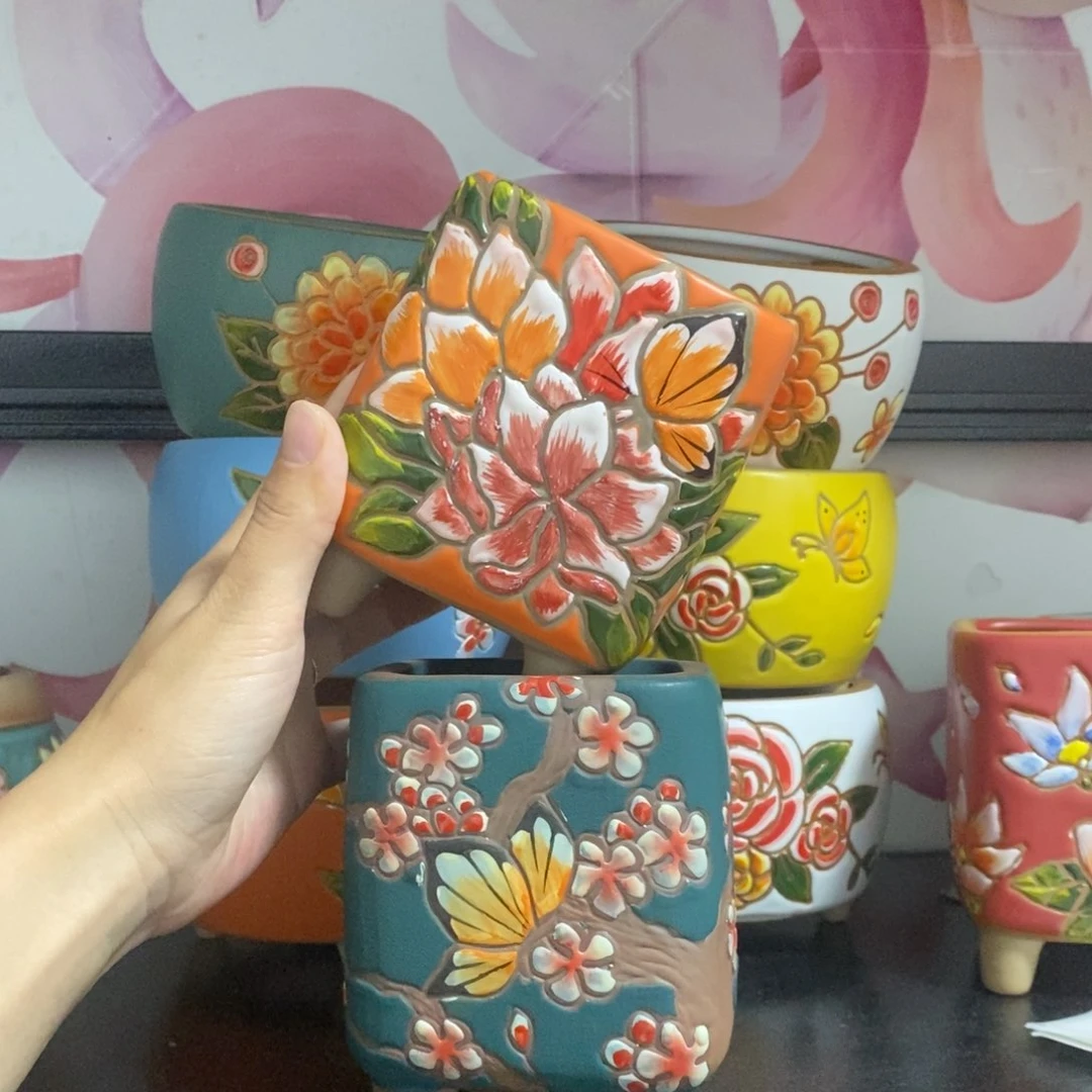 红陶20CM以下韩式手绘多肉花盆