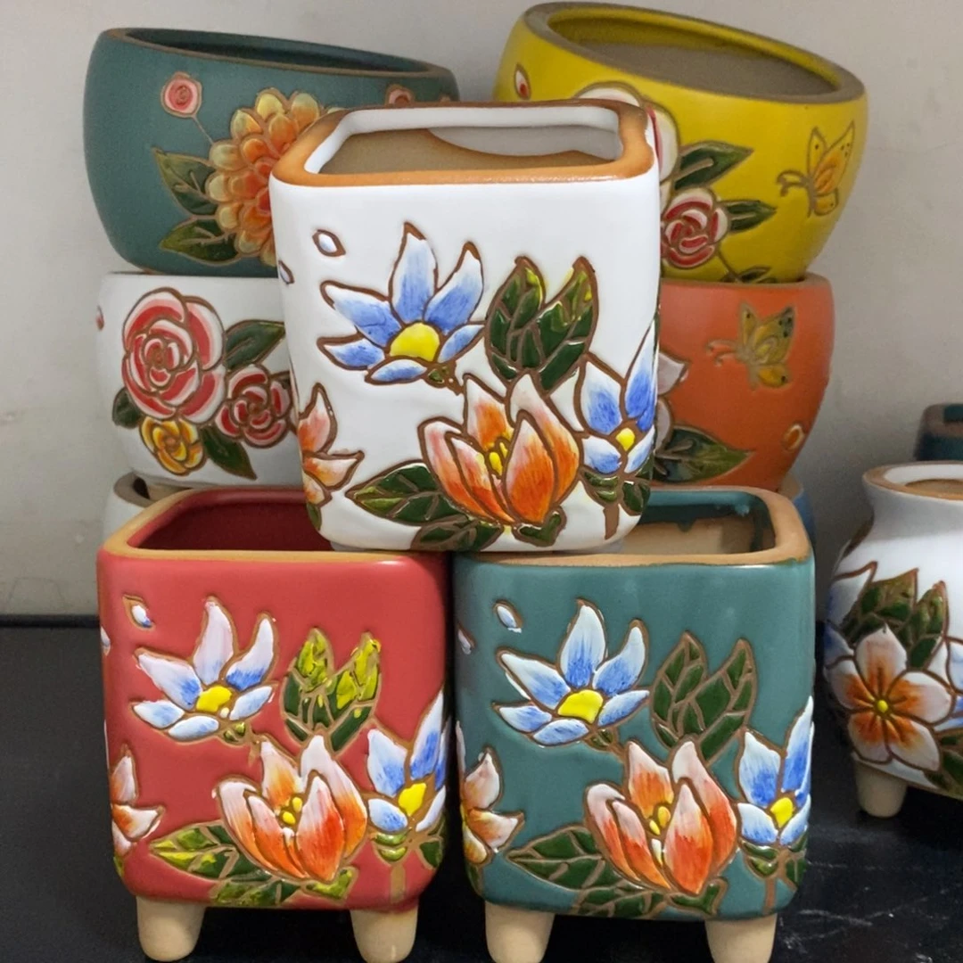 红陶20CM以下韩式手绘多肉花盆