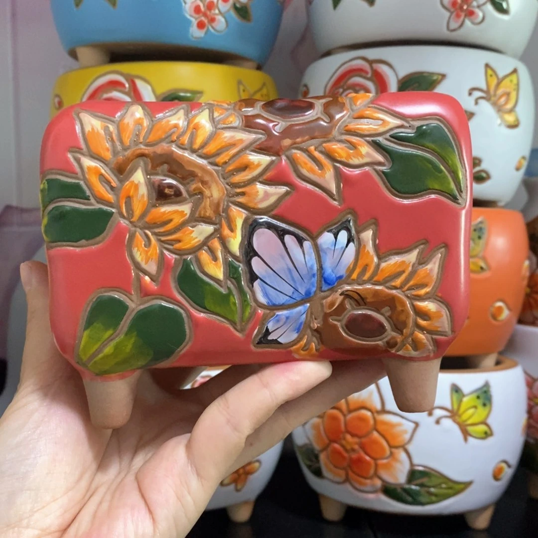 红陶韩式手绘多肉花盆
