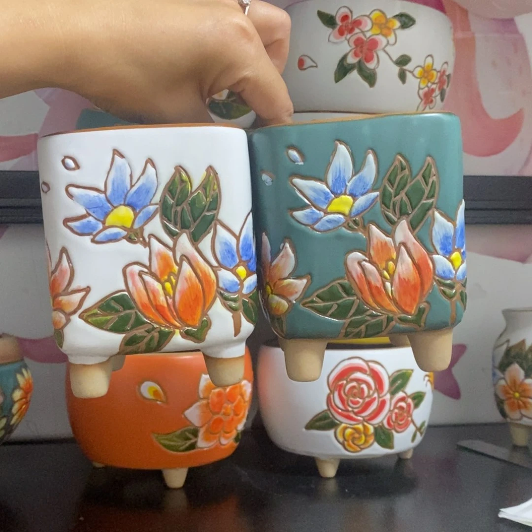 红陶20CM以下韩式手绘多肉花盆