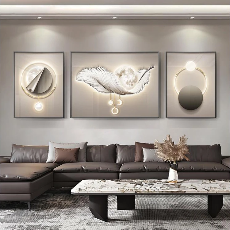 现代轻奢客厅装饰画简约羽毛沙发背景墙挂画高档大气抽象晶瓷壁画