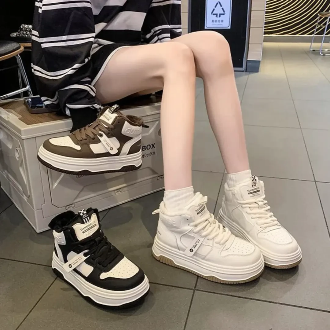 【可儿专享】厚底高帮鞋女2023冬加绒黑白熊猫运动休闲鞋6