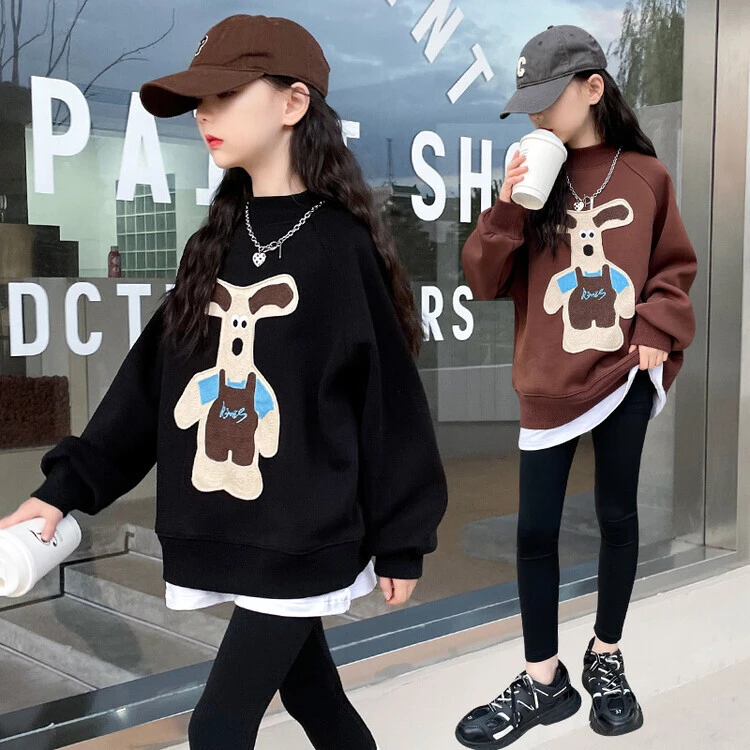 女童秋冬一体绒卫衣2023新款中大童网红洋气假两件加厚中长款卫衣