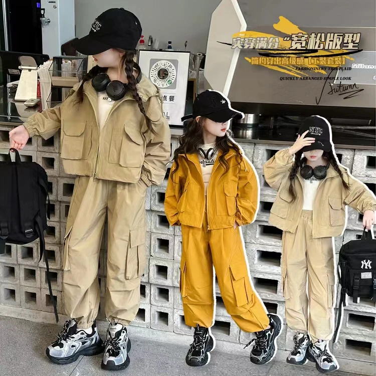 女童春秋款休闲套装2025秋季新款韩版工装裤两件套宽松外套阔腿裤