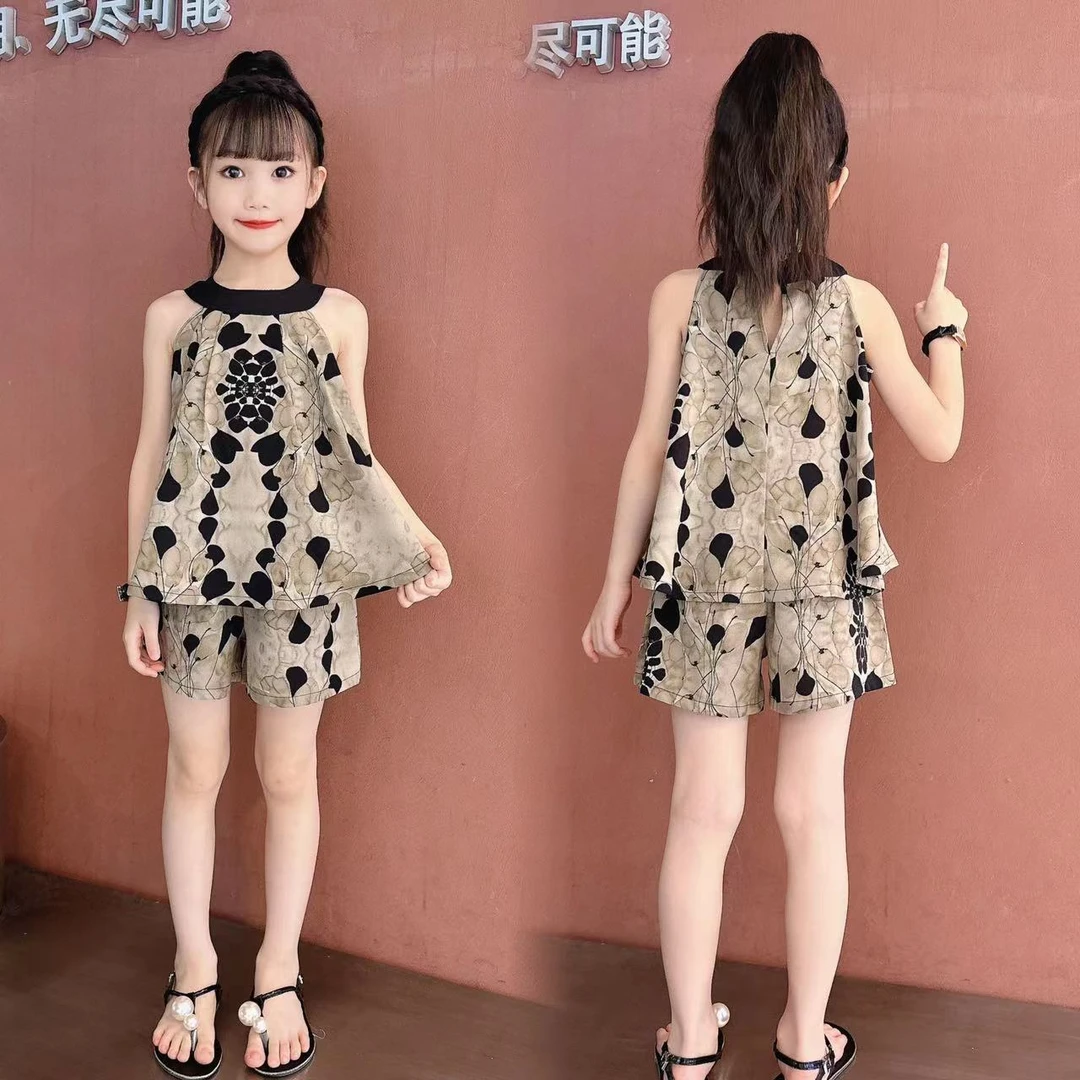 女童夏季洋气挂脖套装薄款儿童时髦碎花雪纺童装小女孩无袖轻薄潮