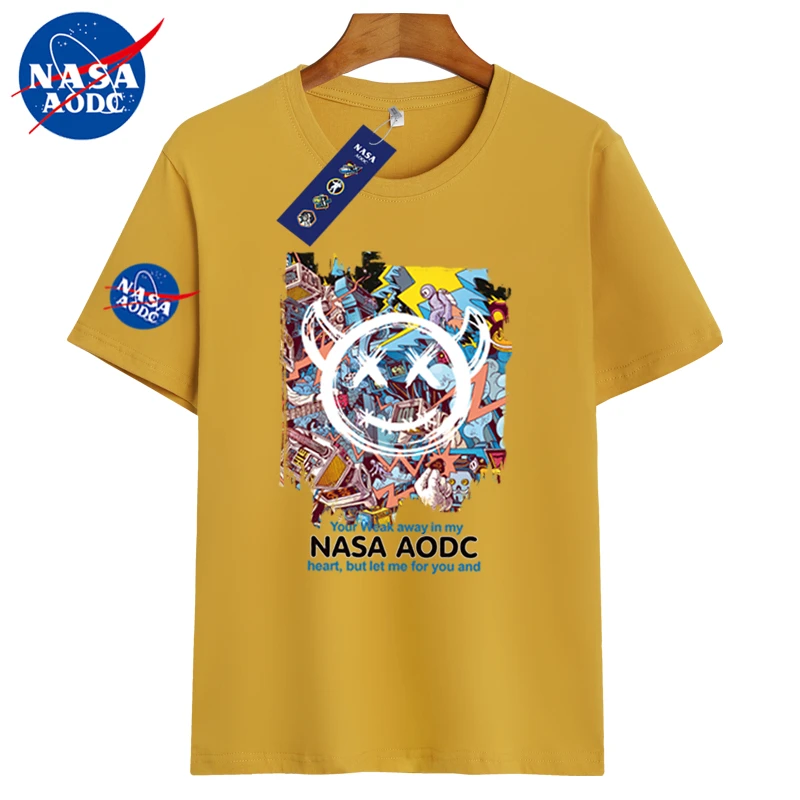 NASA AODS联名2023夏季新款卡通字母纯棉情侣短袖圆领T恤青春