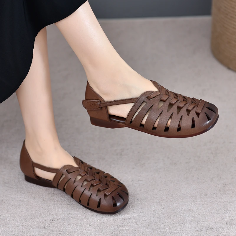 【木木秀】头层牛皮平底罗马凉鞋女编织复古猪笼鞋纯色圆头M2286