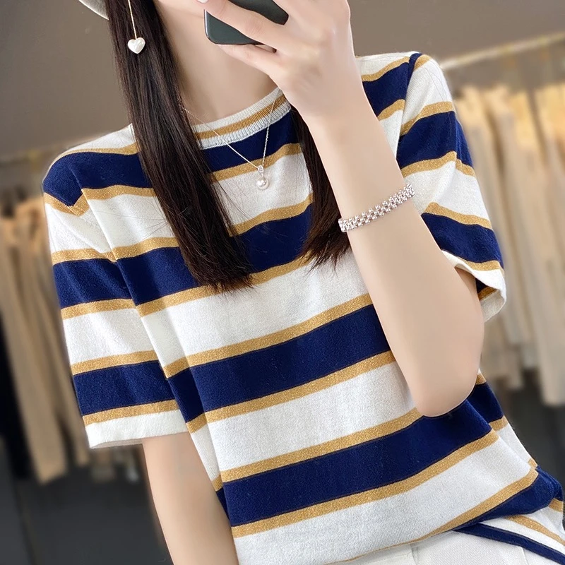夏季新款金丝条纹时尚百搭圆领短袖