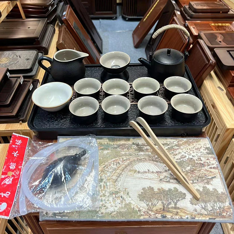 黑陶茶壶茶杯12件套带茶盘茶宠茶巾茶夹茶台排储两用带管