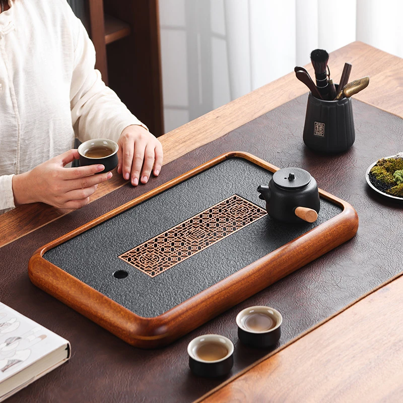 花梨木茶盘47*29沥水轻奢家用简约干泡台两用小型茶托盘仿乌金石