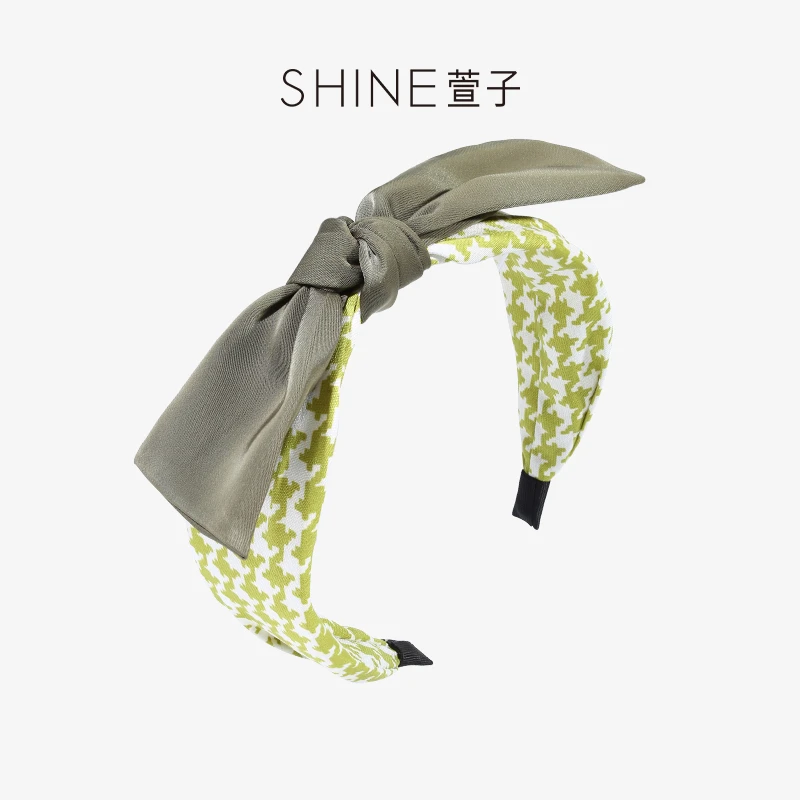 萱子时尚百搭网红简约果绿千鸟格蝴蝶结发箍