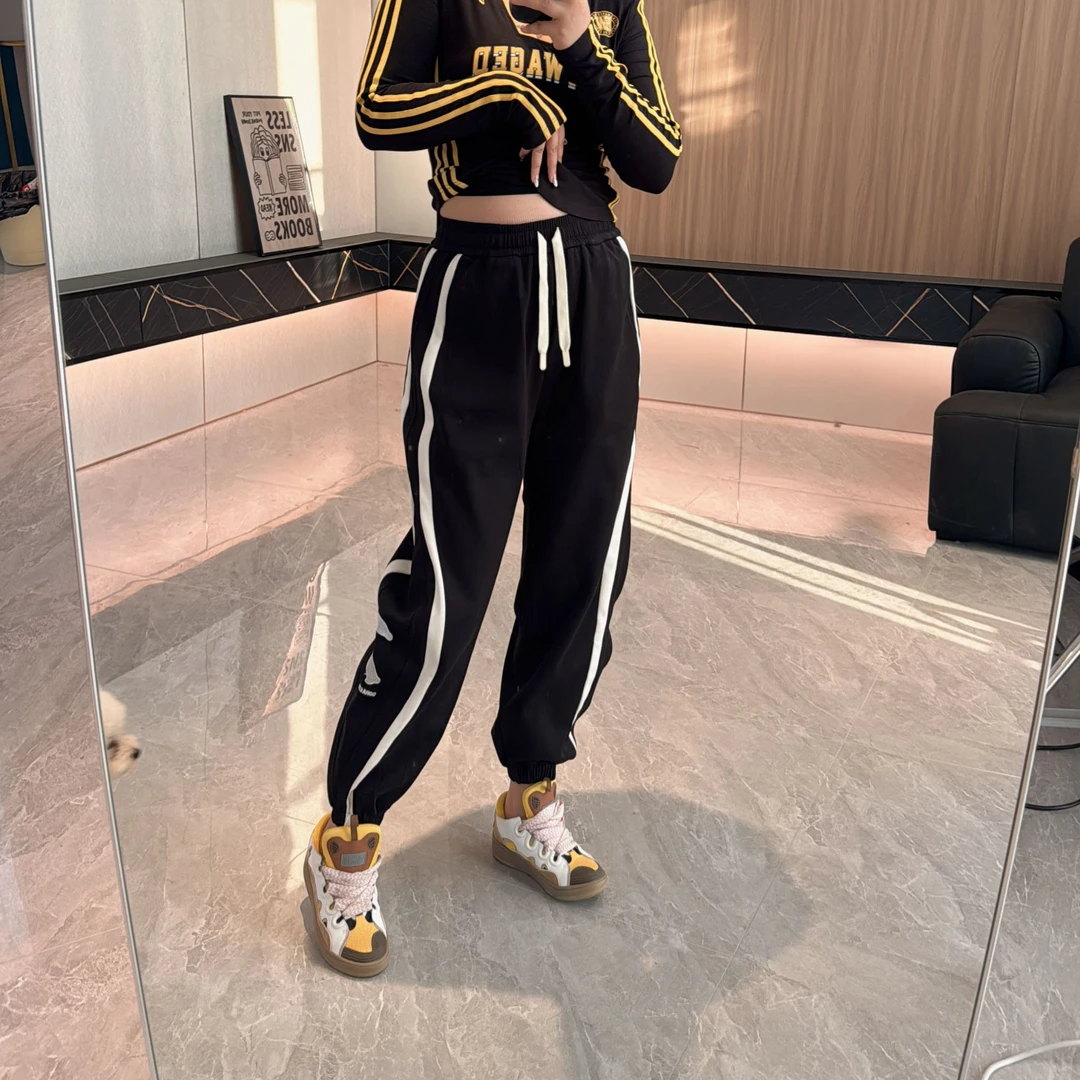 「鞠环环150斤显瘦穿搭推荐」条纹拼接拉腿修容显收裤脚高腰休闲裤