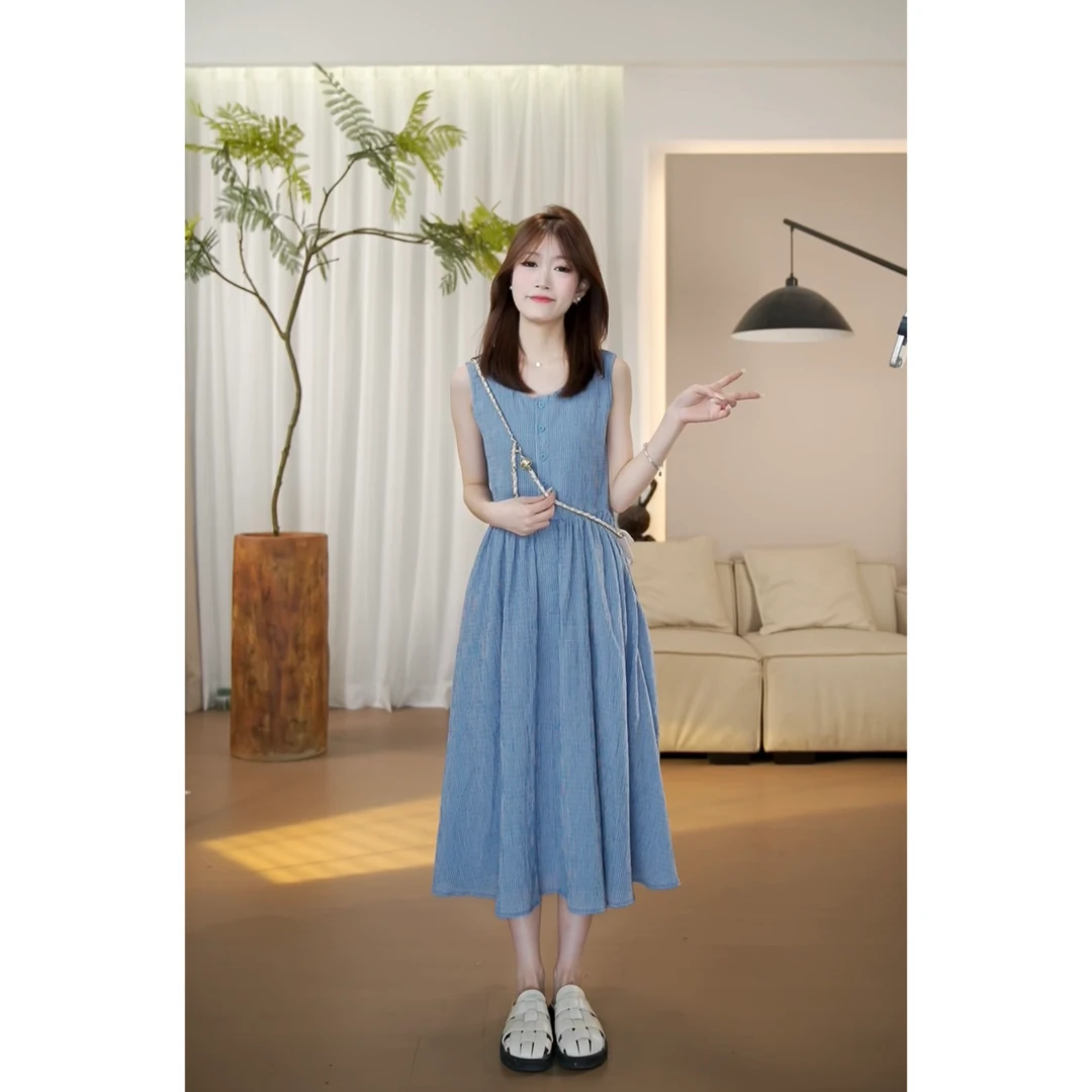 夏季百搭格纹高腰圆领宽松薄款连衣裙-7002