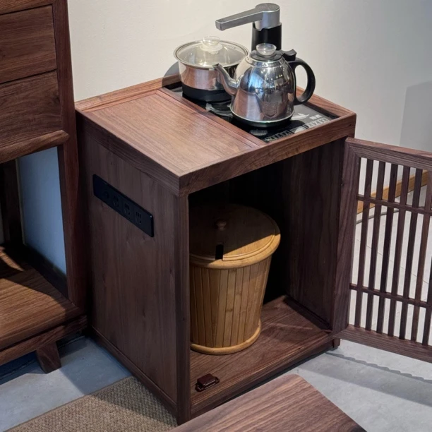 北美黑胡桃木素简茶水柜不含电磁炉可移动茶台带轮下置水桶