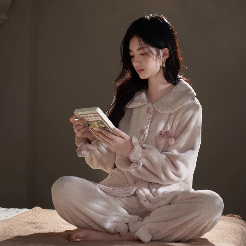 思莉太太【安妮日记】秋冬睡衣女珊瑚绒加厚加绒保暖冬天粉色家居服