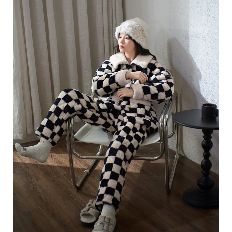 思莉太太【黑白格子】睡衣女冬款三层夹棉加厚加绒棉袄可外穿家居服