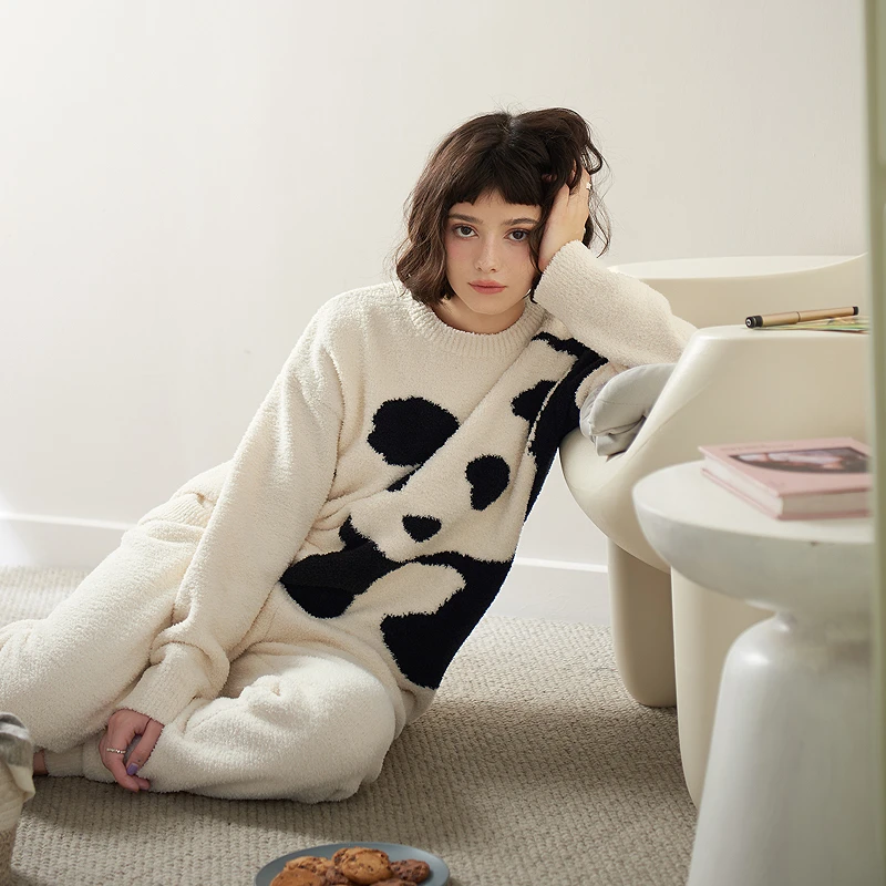 思莉太太【熬夜熊猫】半边绒可外穿睡衣女冬加厚套头家居服两件套