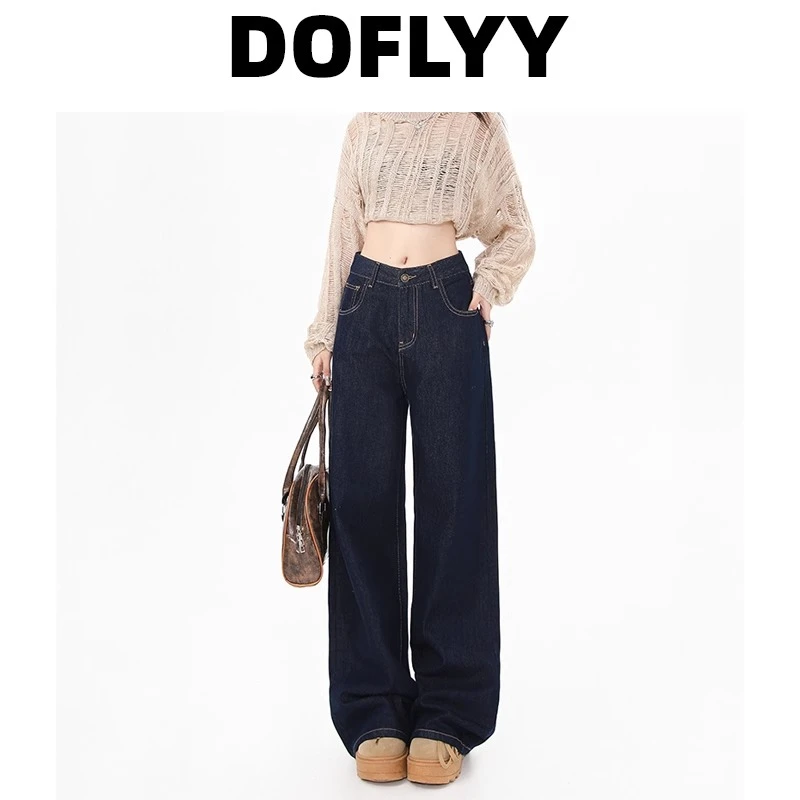 【防褪色】深蓝色牛仔裤女2024秋季新款宽松百搭阔腿窄版拖地裤