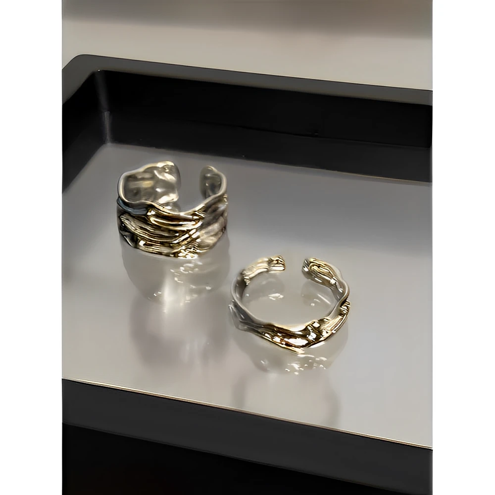 足银陶瓷戒指 银色素圈戒指女小众设计褶皱食指戒冷淡风开口对戒i