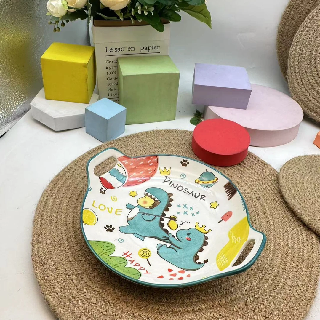 宝宝龙网红动物可爱家用圆形陶瓷餐具椭圆创意ins可爱风