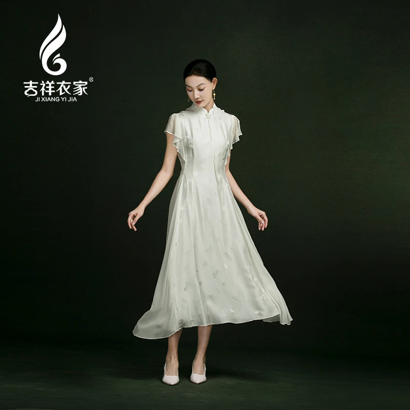 婉儿专属-吉祥衣家新中式国风女装玉蝶翩翩连衣裙-黑白双色