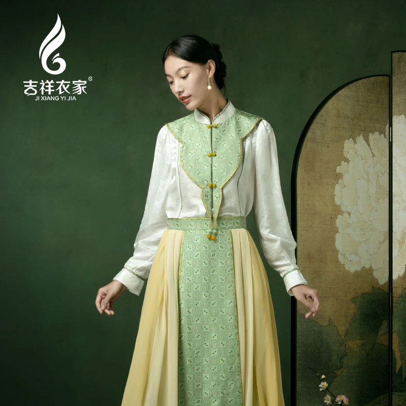 吉祥衣家【玉坠头花一半垂】新中式国风秋季女衬衫绿色933216144