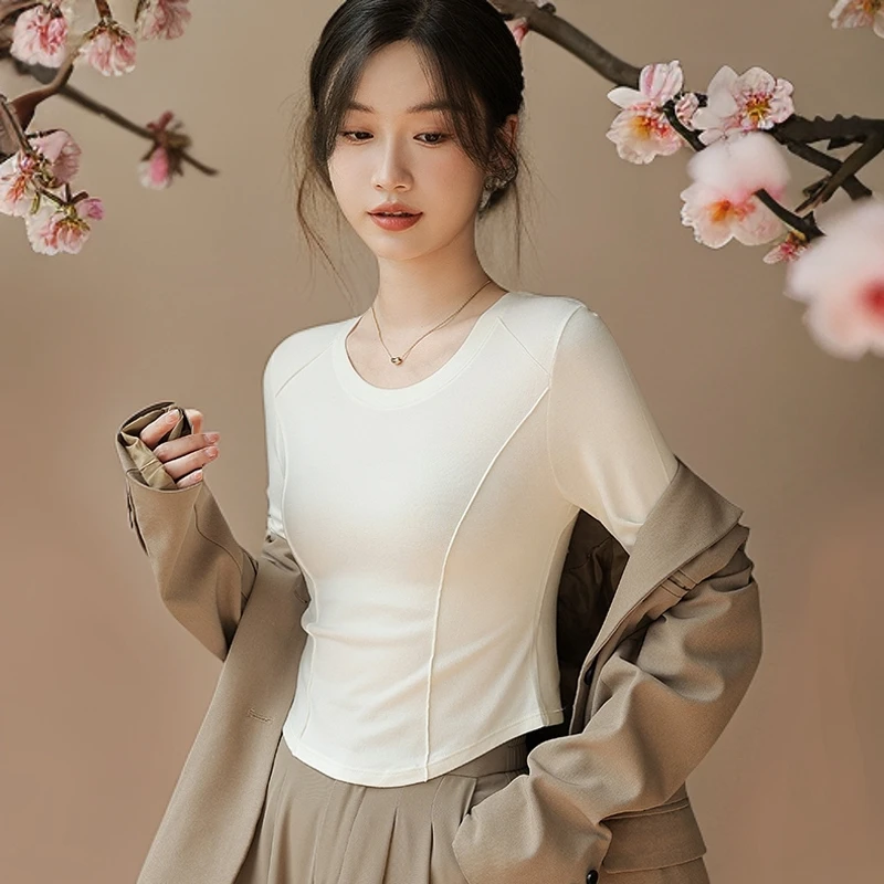 显瘦轻氧蛋白衣薄款打底衫长袖T恤百搭白色上衣圆领修身内外可穿