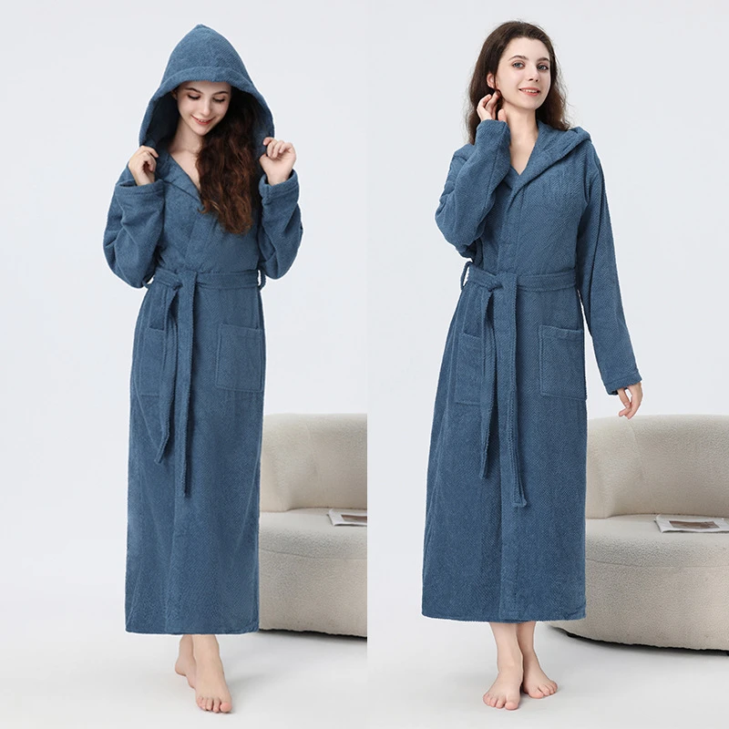 酒店睡袍秋冬加厚加大码毛巾料浴袍加长款连帽男女士吸水浴巾浴衣