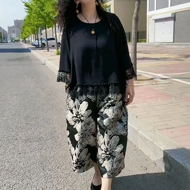 时尚套装早秋新款蕾丝拼接圆领七分袖上衣+印花阔腿裤气质两件套
