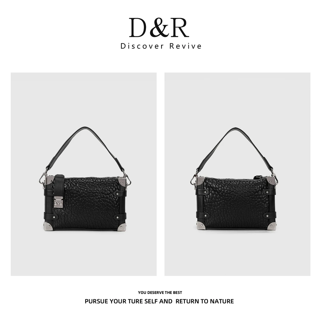 Discover Revive时尚单肩手提盒子包包经典泡泡纹E824-黑色