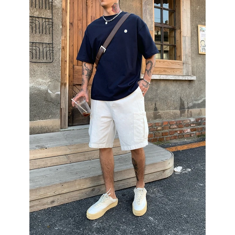 OXFREAK「大口袋设计」基础款纯色ins工装短裤男半松紧宽松休闲裤子