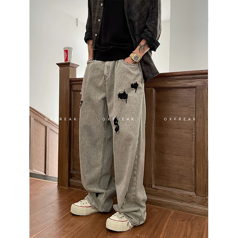OXFREAK 24FW「手工磨破 13OZ」高腰直筒宽松水洗牛仔裤男拖地