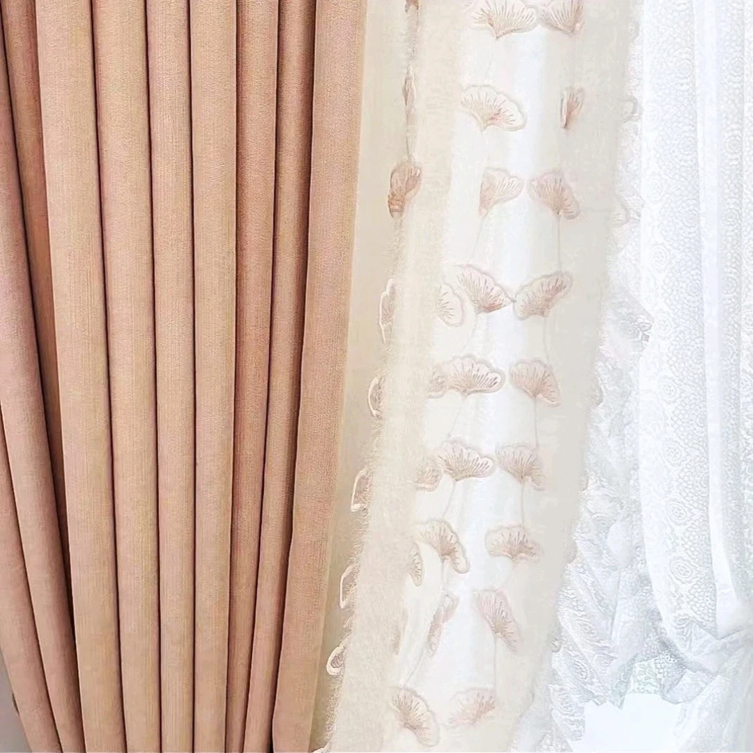 一明新款轻奢网红同款绣花浮雕工艺高档窗帘拼接立边银杏毛毛纱