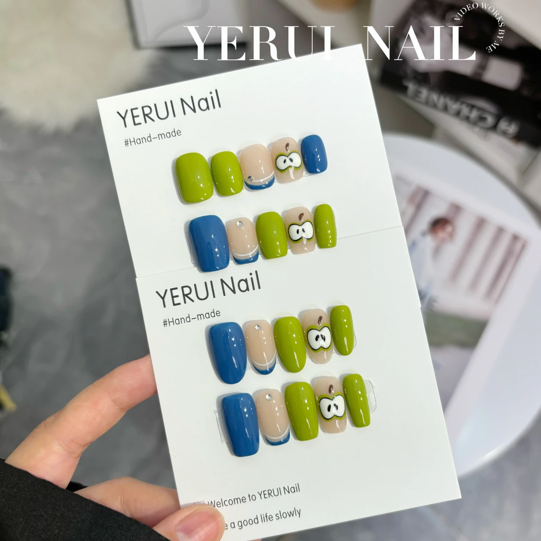 YR【青苹果】光疗美甲手工短款穿戴甲手绘高级感简约气质穿戴甲甲片