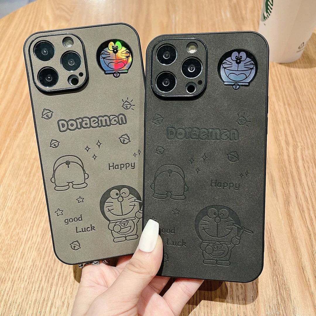 卡通叮当猫适用苹果13情侣手机壳iPhone14promax翻毛皮新款11/12