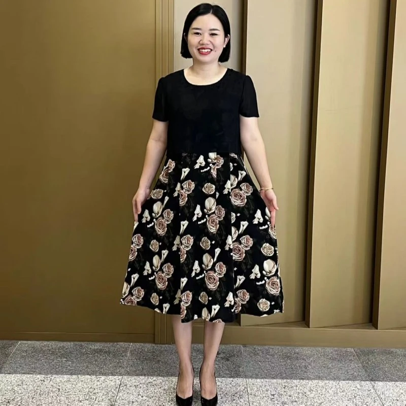 夏季新款假两件短袖连衣裙遮肉显瘦气质中长款裙子
