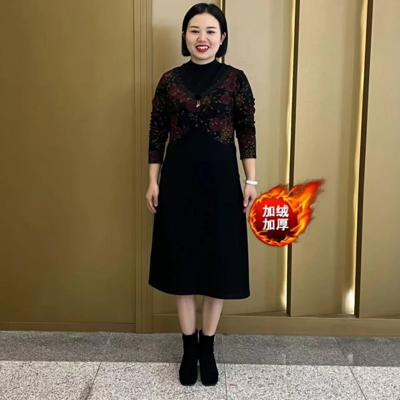 秋冬新款拼接假两件加绒加厚遮肉显瘦气质连衣裙