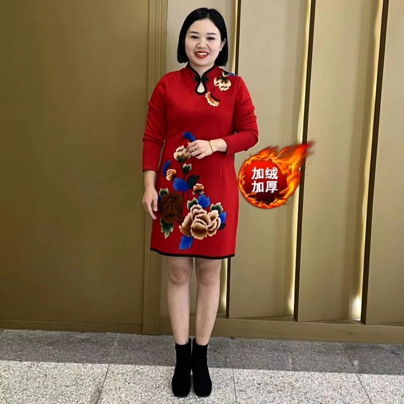 2116冬季新款加绒加厚民族风中长款保暖连衣裙